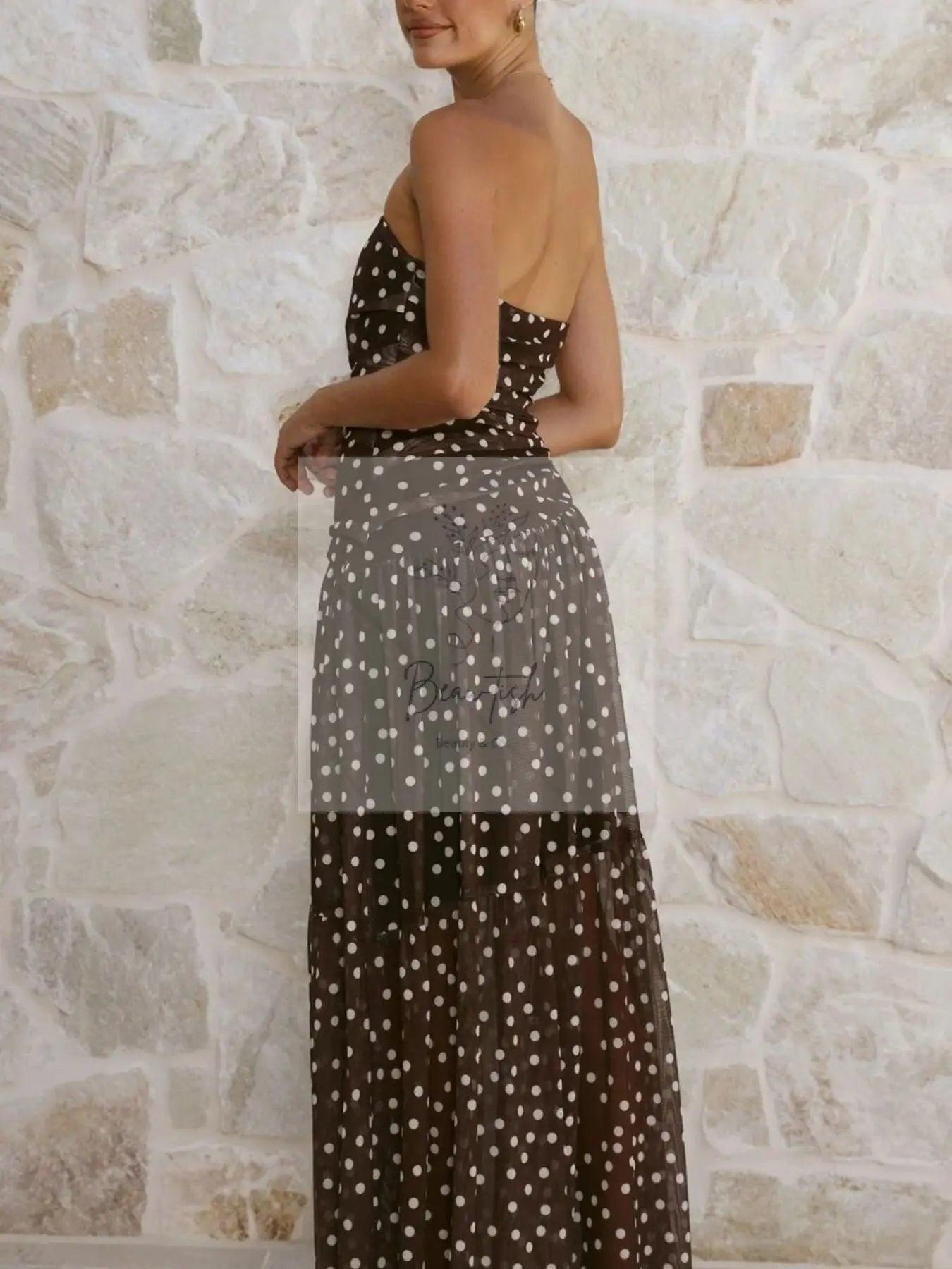 Polka Dot Strapless Ruched Maxi Dress