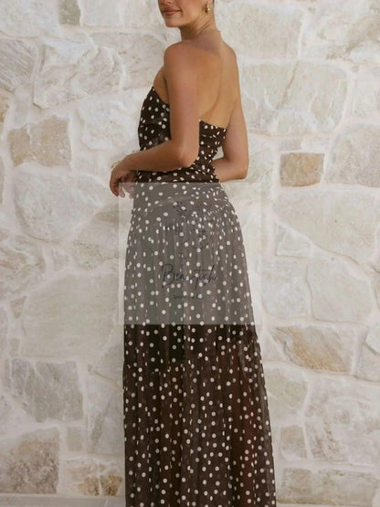 Polka Dot Strapless Ruched Maxi Dress