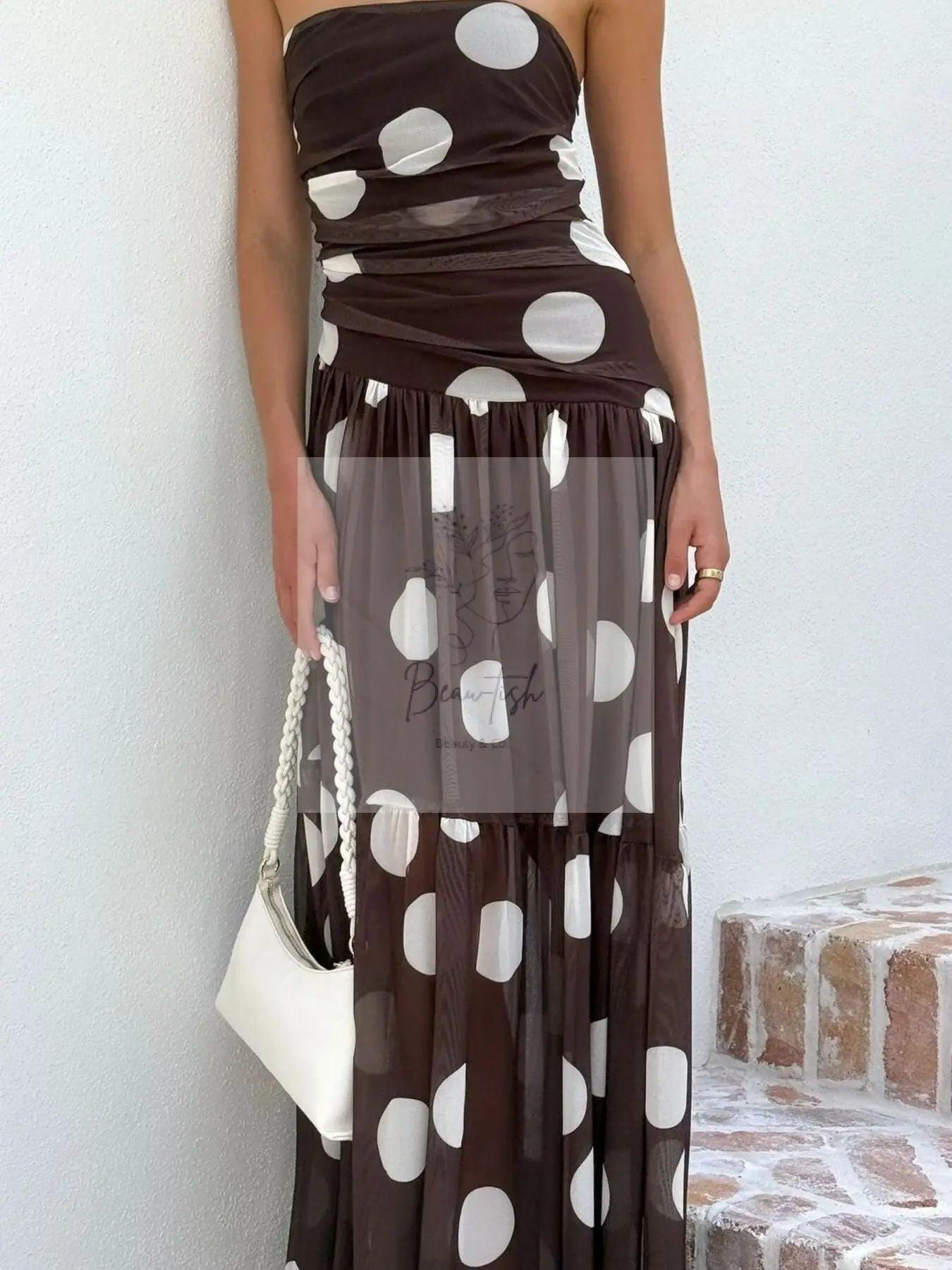Polka Dot Strapless Ruched Maxi Dress