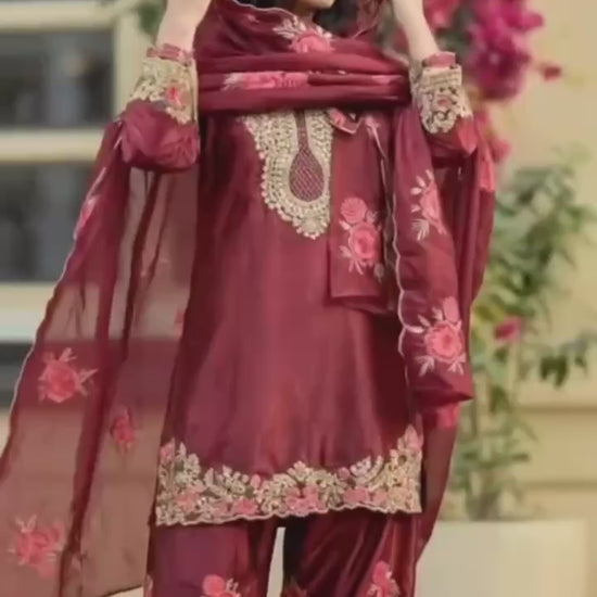 Women's Maroon Embroidered Satin Farshi Salwar Suit Set