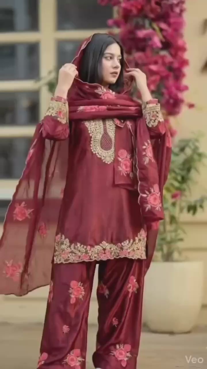 Women's Maroon Embroidered Satin Farshi Salwar Suit Set