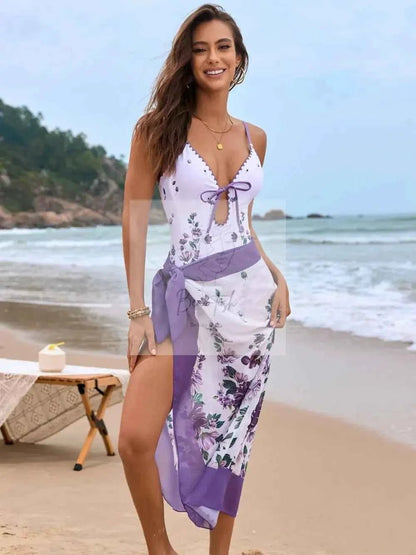 Printed Spaghetti Strap One - Piece Swimwear and Cover Up Swim Set