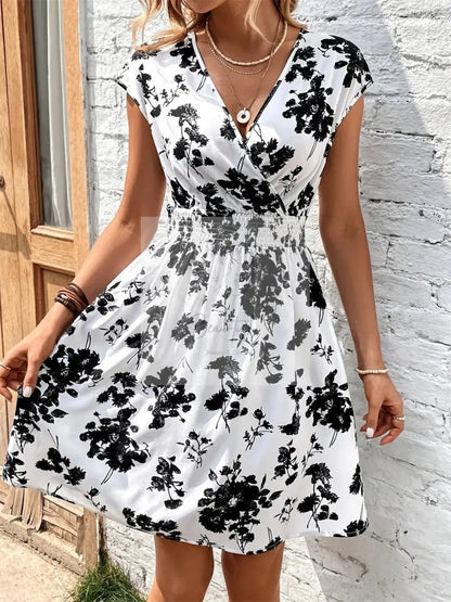Printed Surplice Cap Sleeve Dress