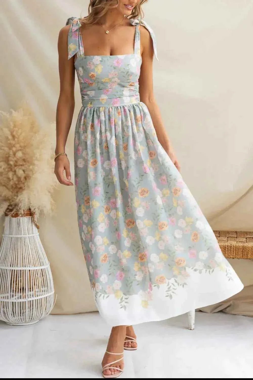 Printed Tie Shoulder Midi Cami Dress