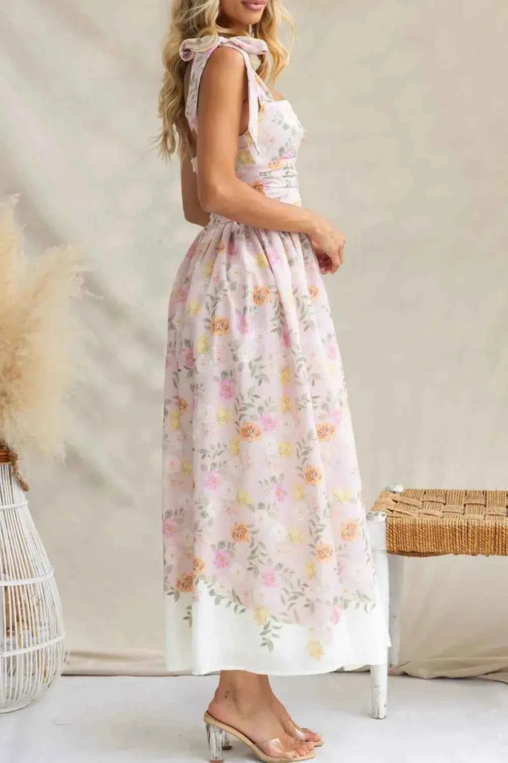 Printed Tie Shoulder Midi Cami Dress