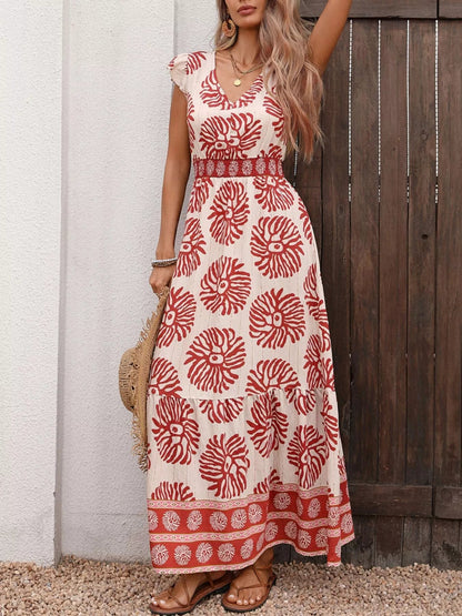 Printed V - Neck Cap Sleeve Dress