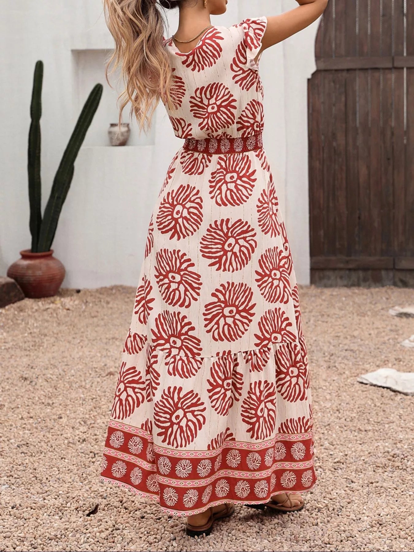 Printed V - Neck Cap Sleeve Dress