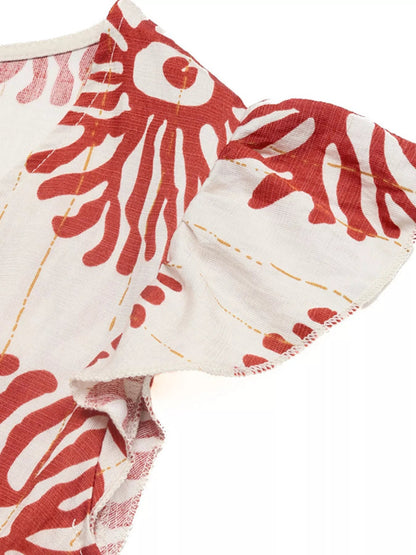 Printed V - Neck Cap Sleeve Dress