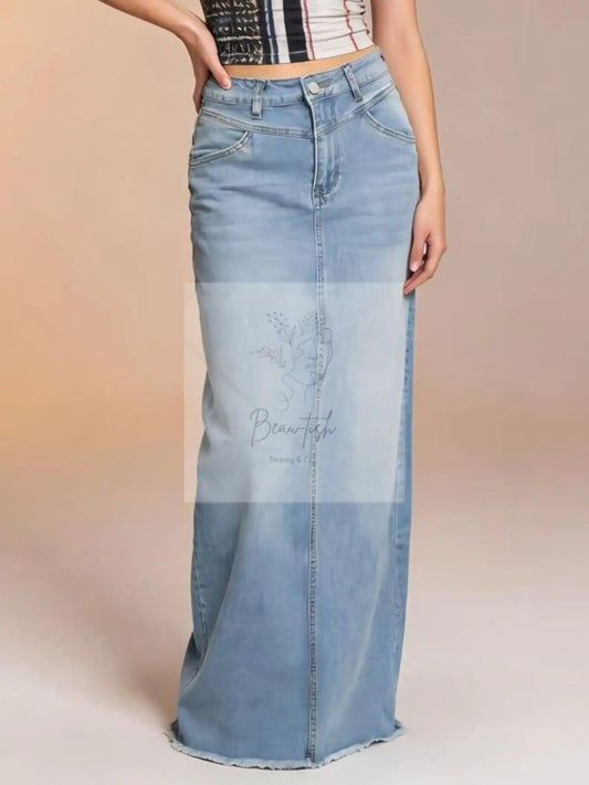 Raw Hem Maxi Denim Skirt