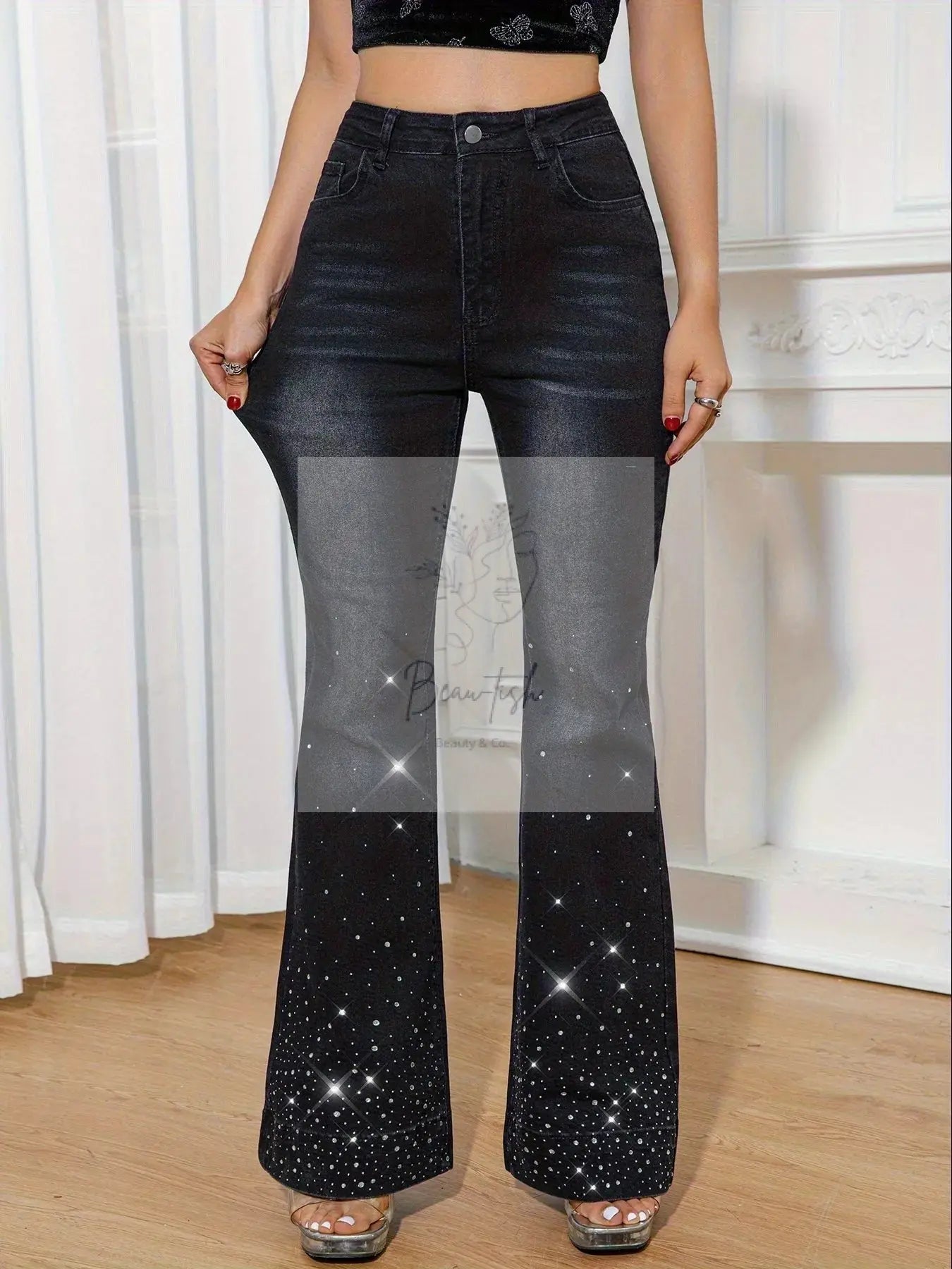 Rhinestone Embellished Flare Leg Jeans