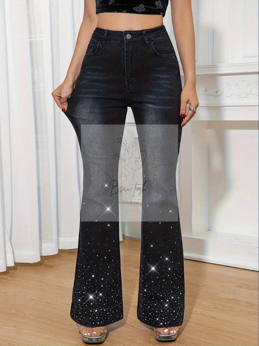 Rhinestone Embellished Flare Leg Jeans