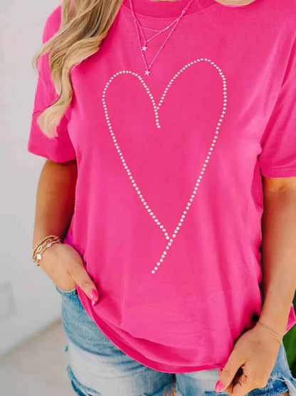 Rhinestone Heart Graphic Crew Neck Valentines Tee