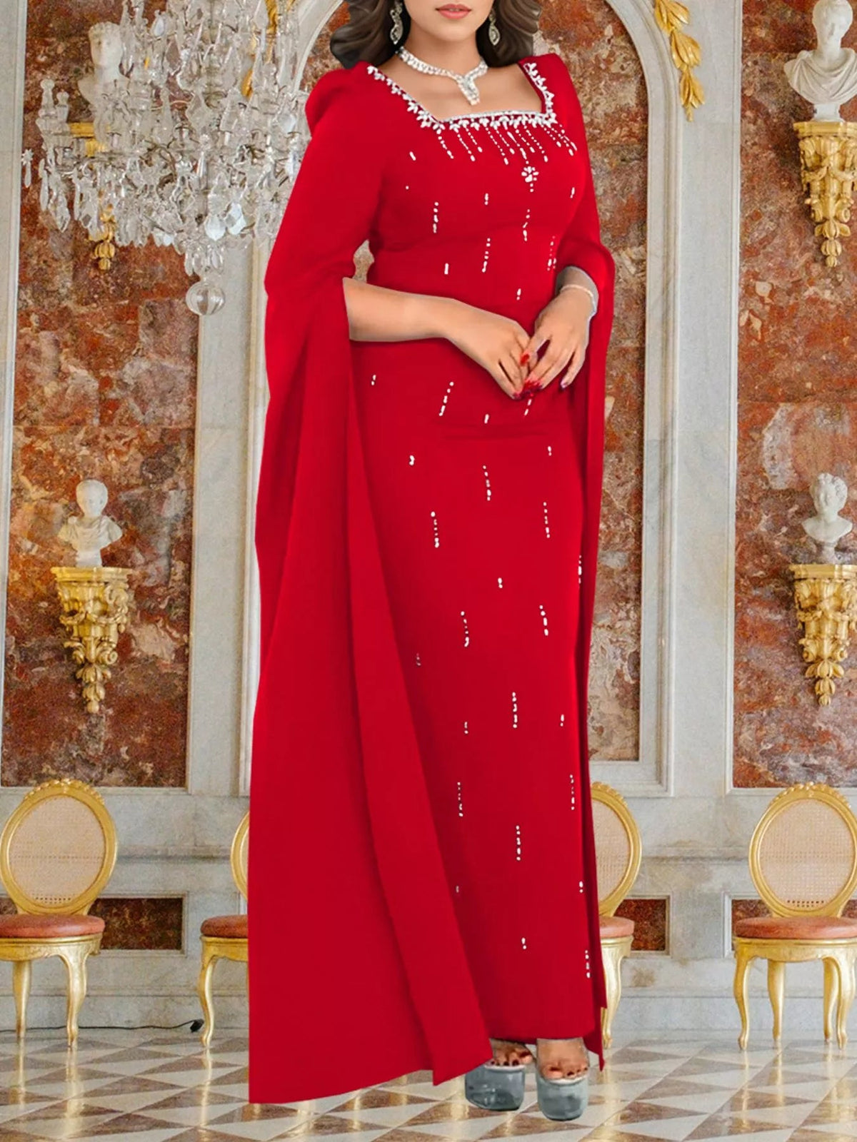 Rhinestone Square Neck Slit Sleeve Maxi Dress