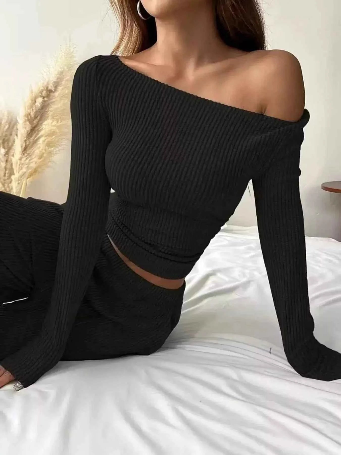 Ribbed Knit Boat Neck Top and Pants Set