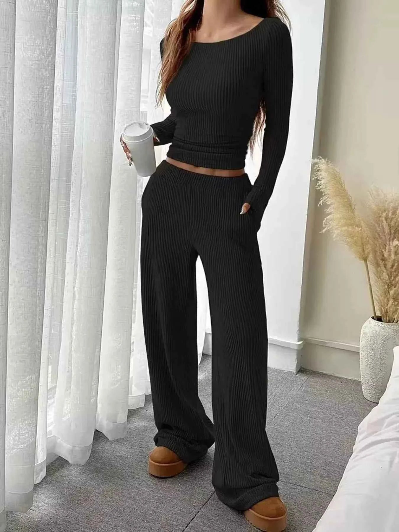 Ribbed Knit Boat Neck Top and Pants Set