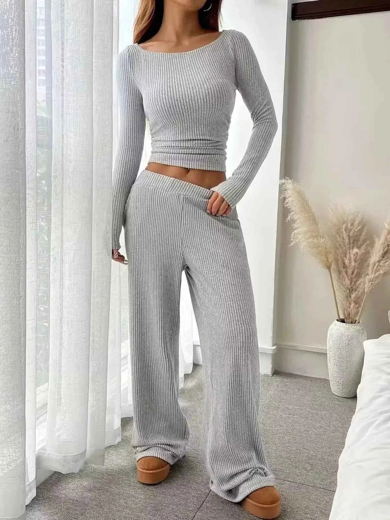Ribbed Knit Boat Neck Top and Pants Set