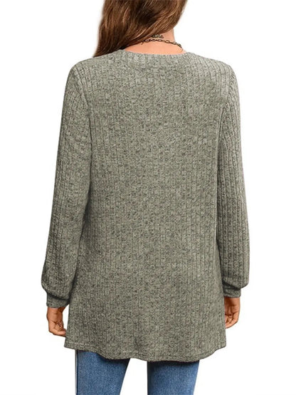 Ribbed Notched Long Sleeve T-Shirt