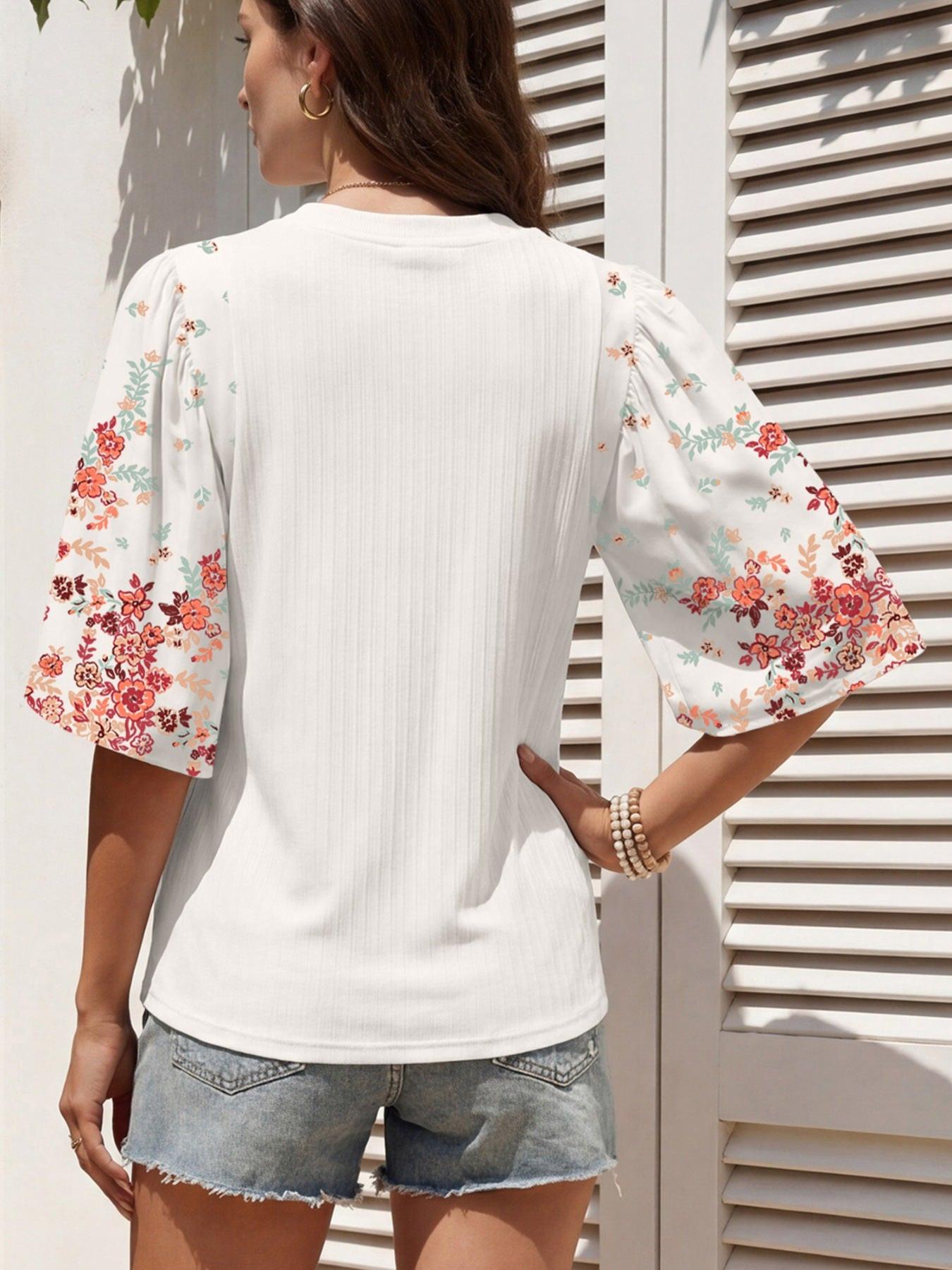 Ribbed Texture Floral Print Half Sleeve Patchwork Top