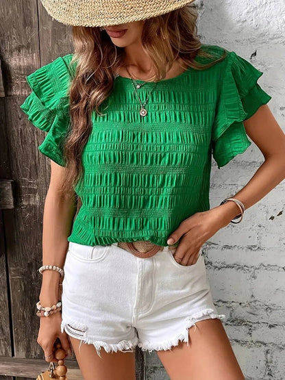 Round Neck Ruffled Short Sleeve Top