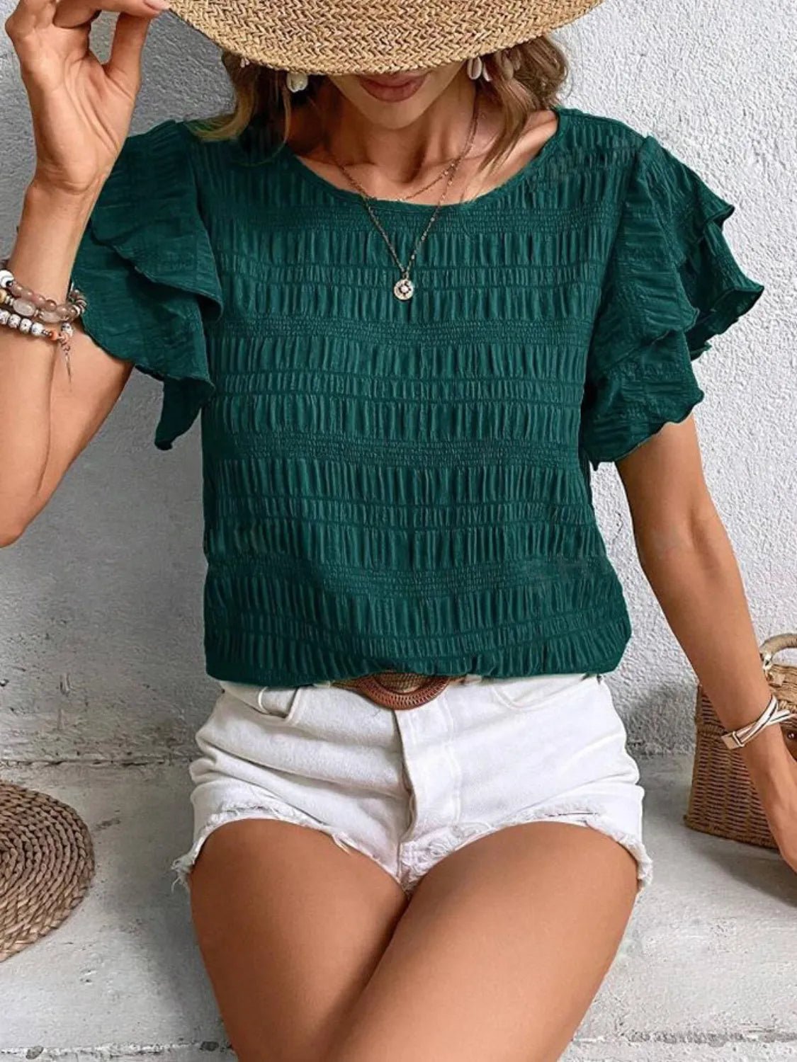 Round Neck Ruffled Short Sleeve Top