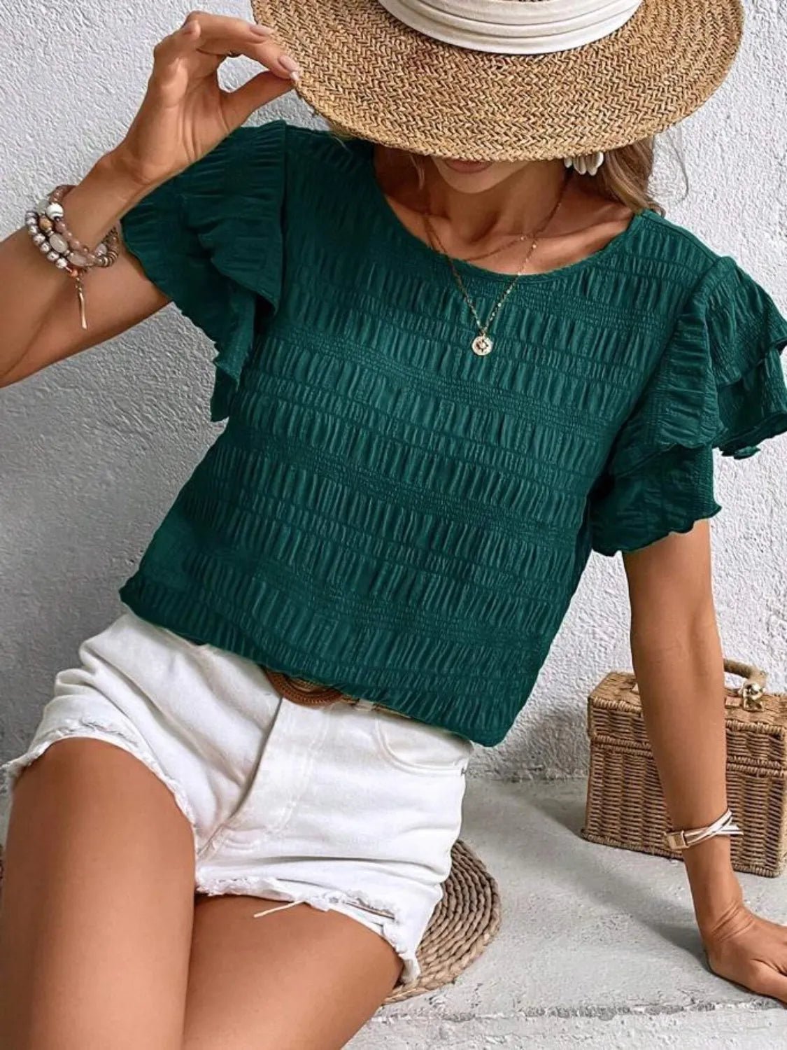 Round Neck Ruffled Short Sleeve Top