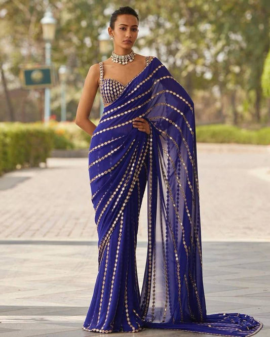 Royal Blue Mirror Work Georgette Saree