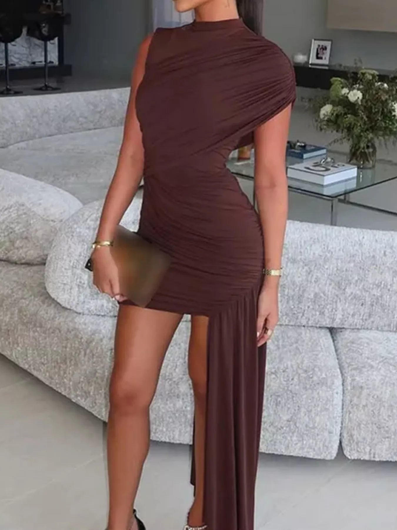 Ruched Mock Neck Stretch Dress