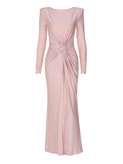 Ruched Knot Front Long Sleeve Maxi Dress