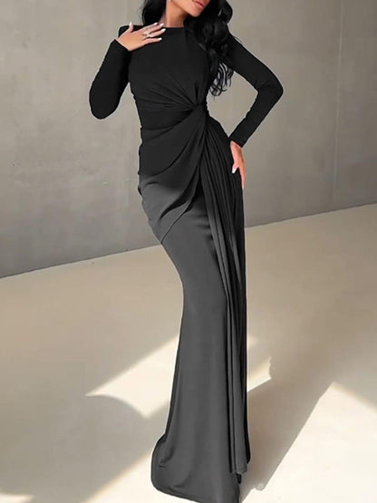 Ruched Knot Front Long Sleeve Maxi Dress