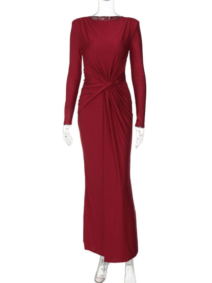 Ruched Knot Front Long Sleeve Maxi Dress