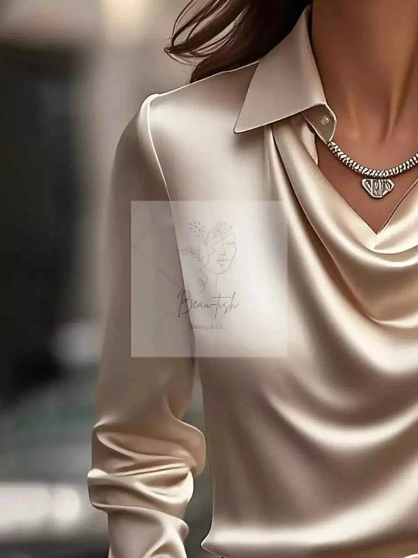Ruched Long Sleeve Drape Collar Blouse