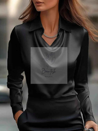 Ruched Long Sleeve Drape Collar Blouse