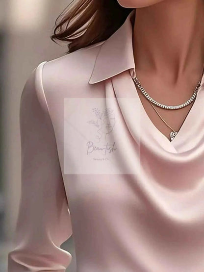 Ruched Long Sleeve Drape Collar Blouse