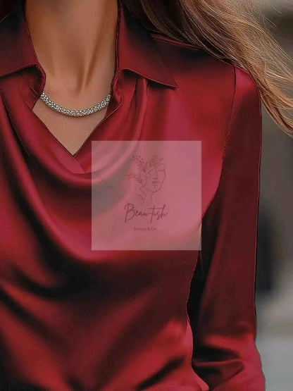 Ruched Long Sleeve Drape Collar Blouse