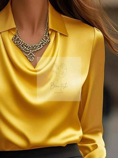 Ruched Long Sleeve Drape Collar Blouse