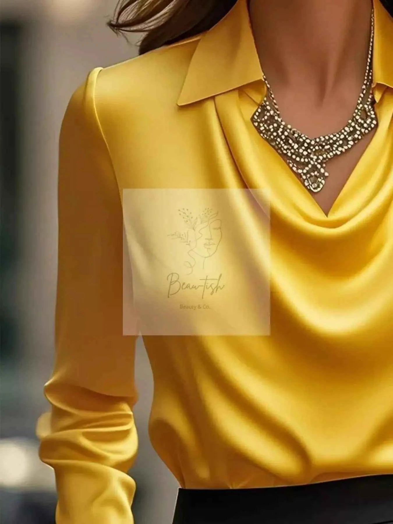 Ruched Long Sleeve Drape Collar Blouse