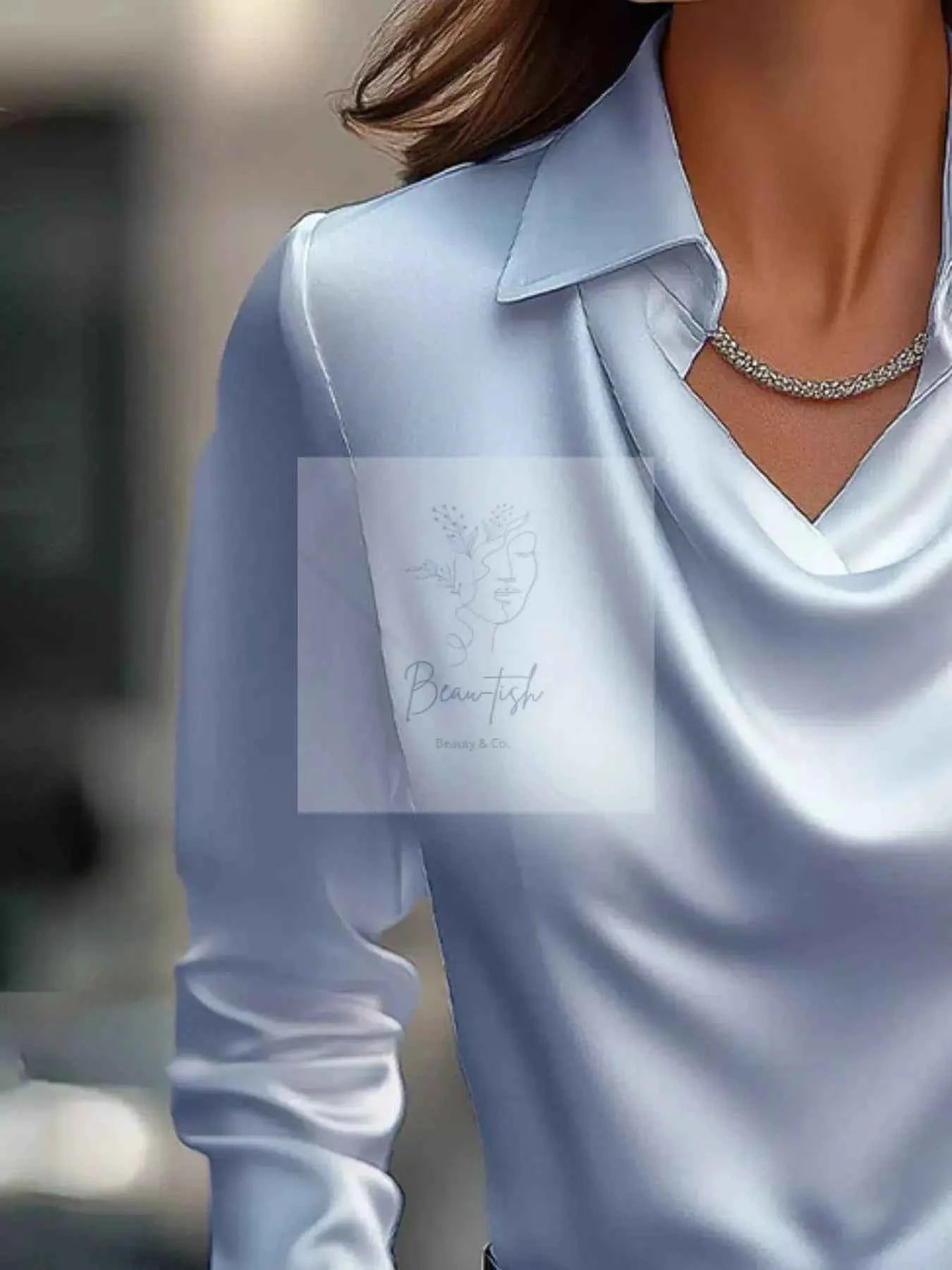 Ruched Long Sleeve Drape Collar Blouse