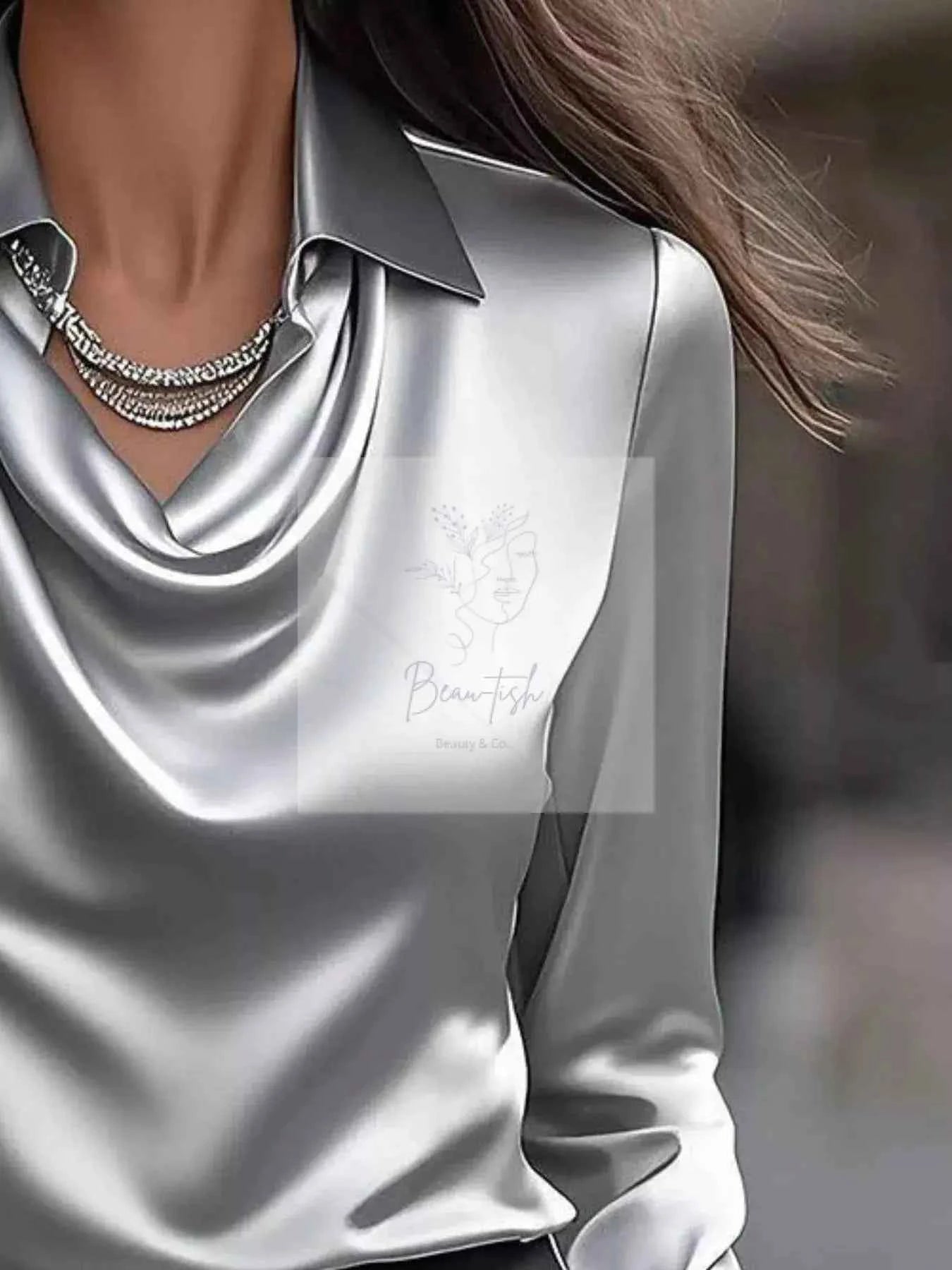 Ruched Long Sleeve Drape Collar Blouse