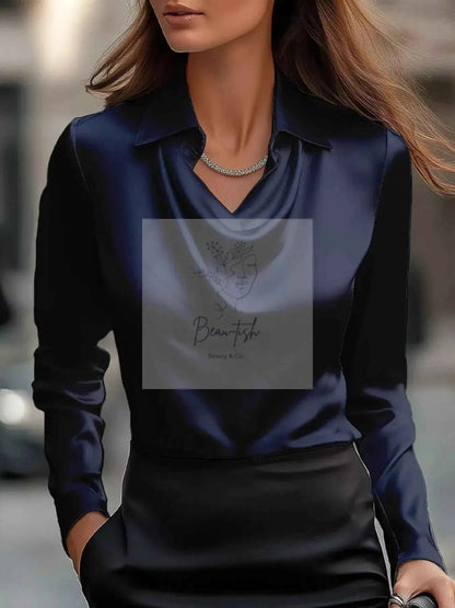 Ruched Long Sleeve Drape Collar Blouse