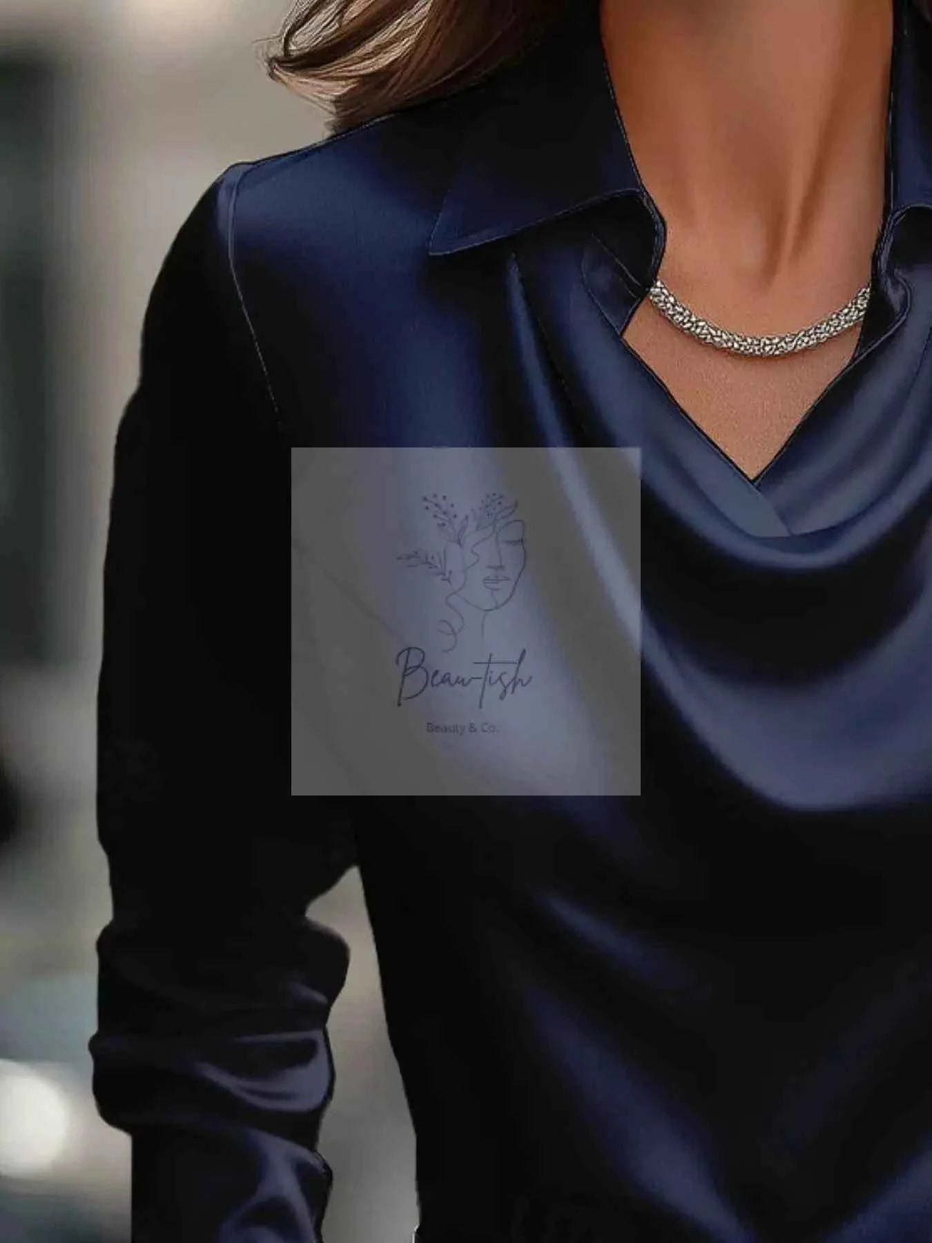 Ruched Long Sleeve Drape Collar Blouse