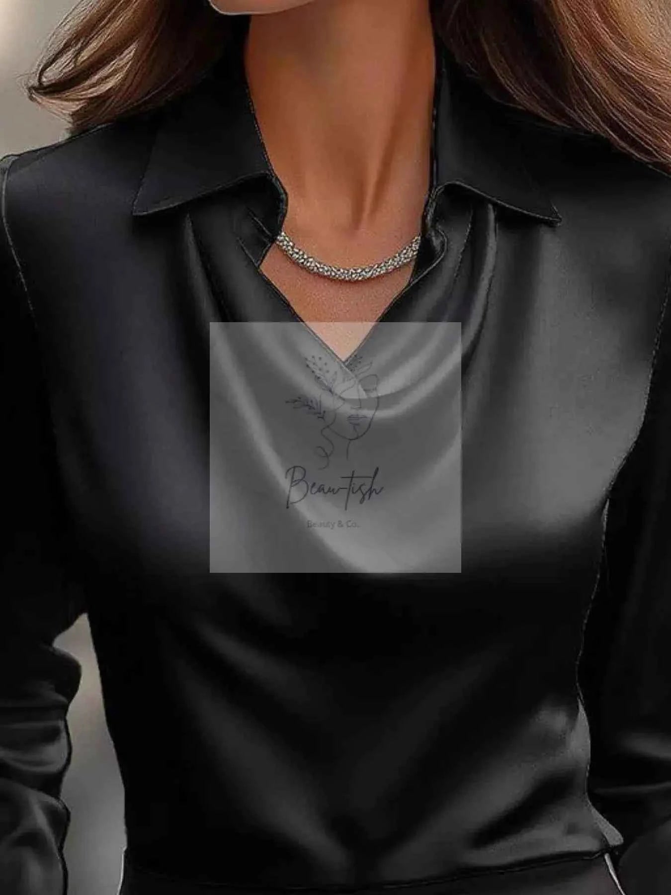Ruched Long Sleeve Drape Collar Blouse