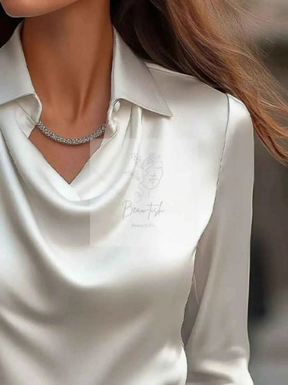 Ruched Long Sleeve Drape Collar Blouse