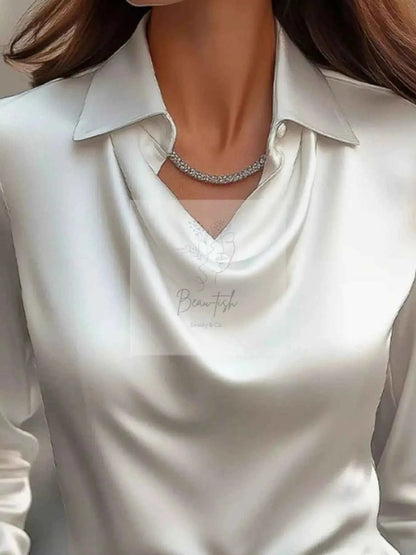 Ruched Long Sleeve Drape Collar Blouse