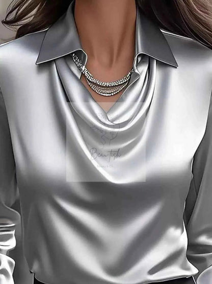 Ruched Long Sleeve Drape Collar Blouse