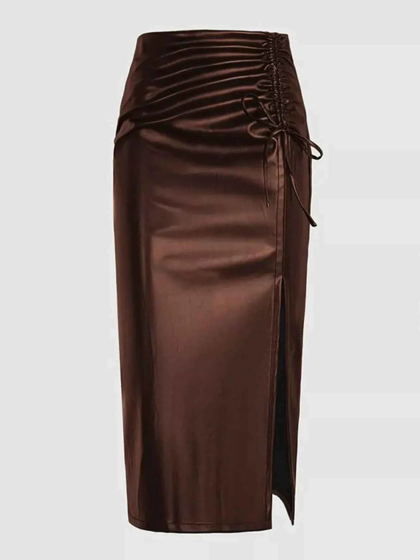 Ruched Slit Midi Skirt
