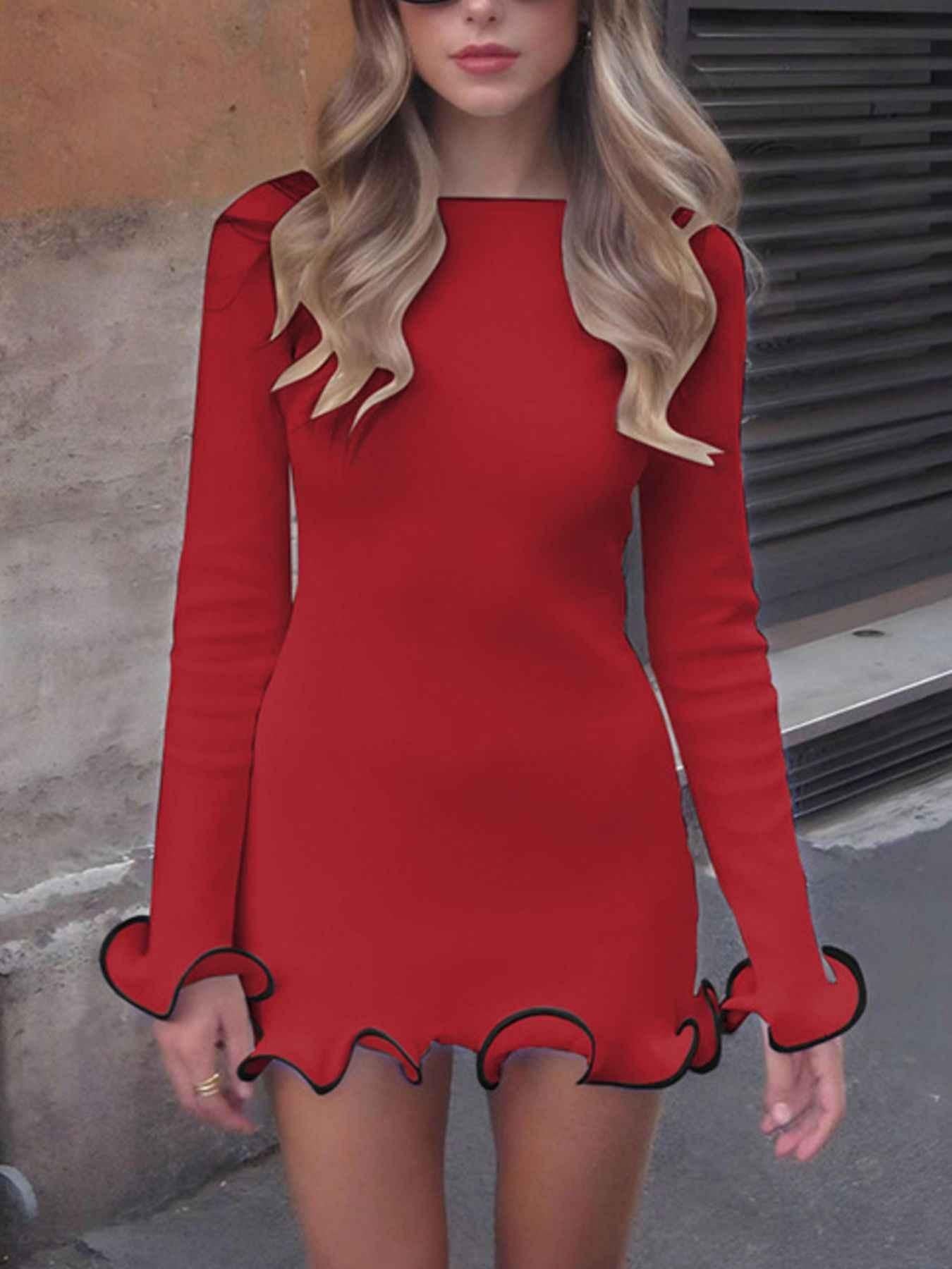 Ruffle Hem Long Sleeve Mini Dress