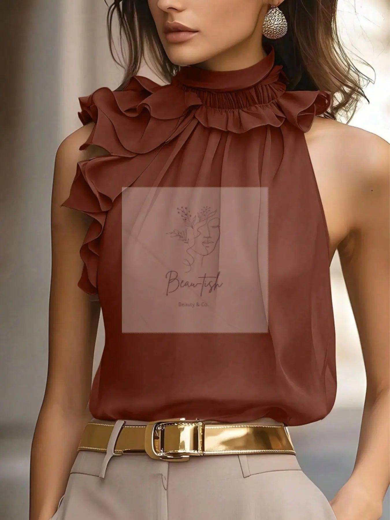Ruffle High Neck Sleeveless Top