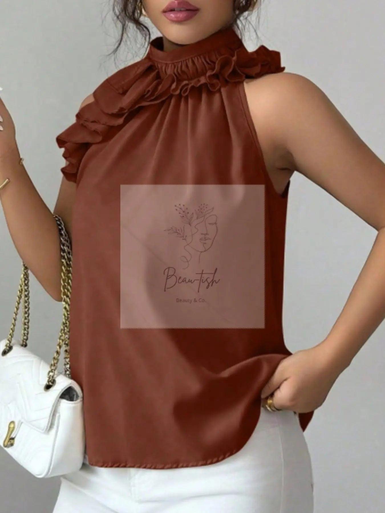 Ruffle High Neck Sleeveless Top