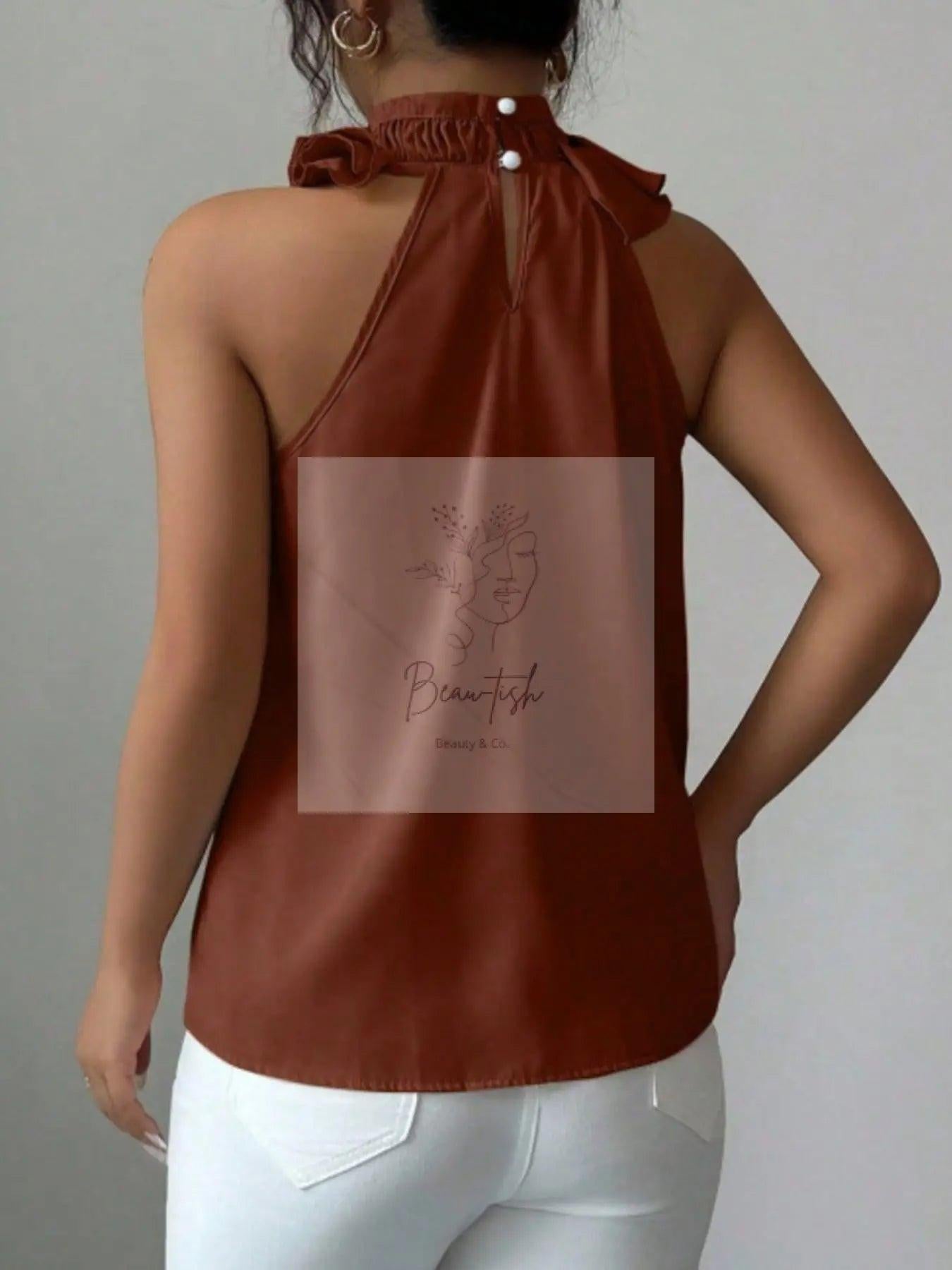 Ruffle High Neck Sleeveless Top