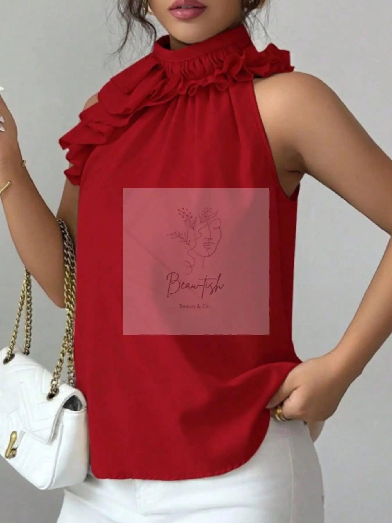 Ruffle High Neck Sleeveless Top